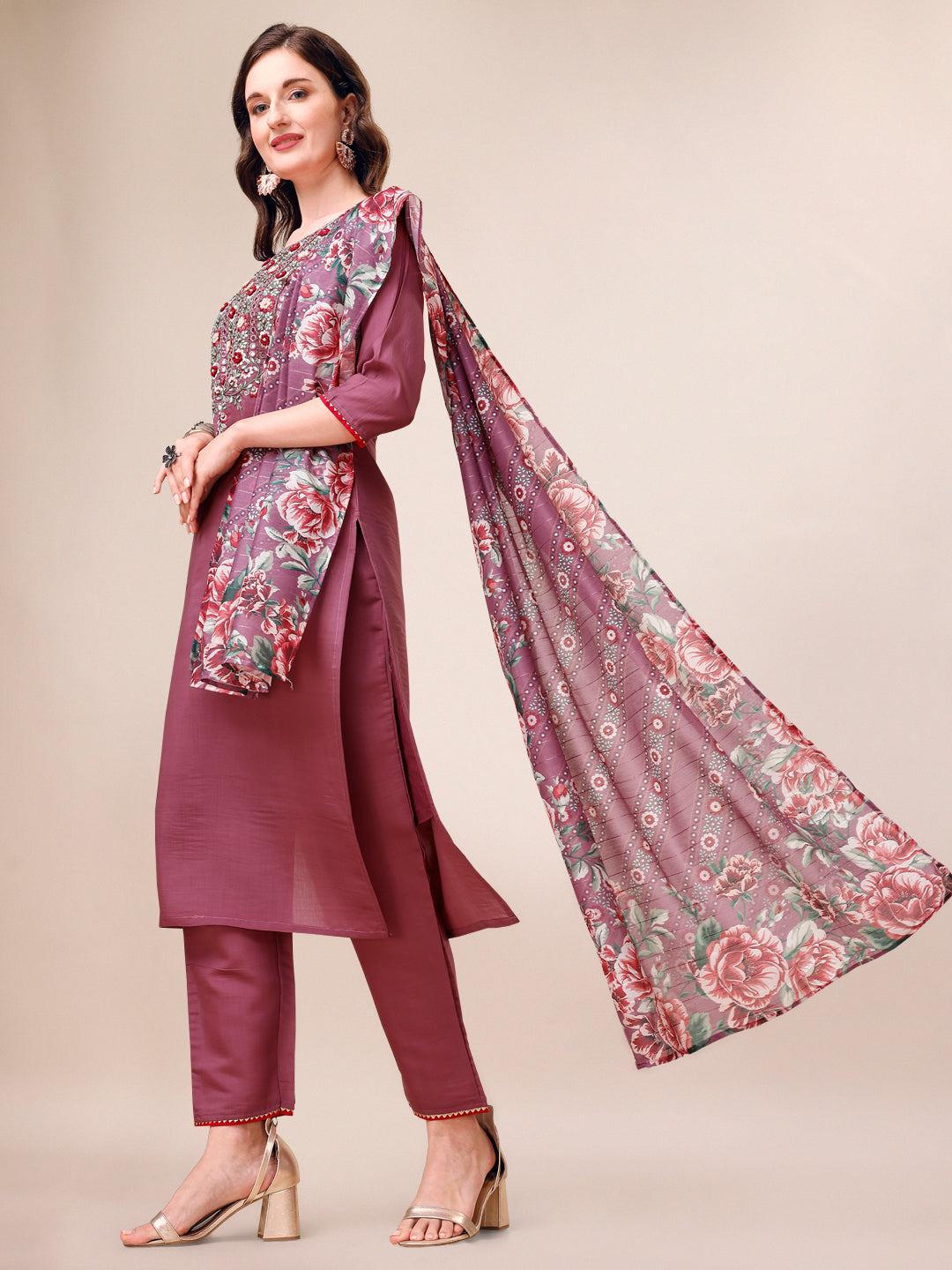 Embroidered Kurta with Pant and Dupatta Set