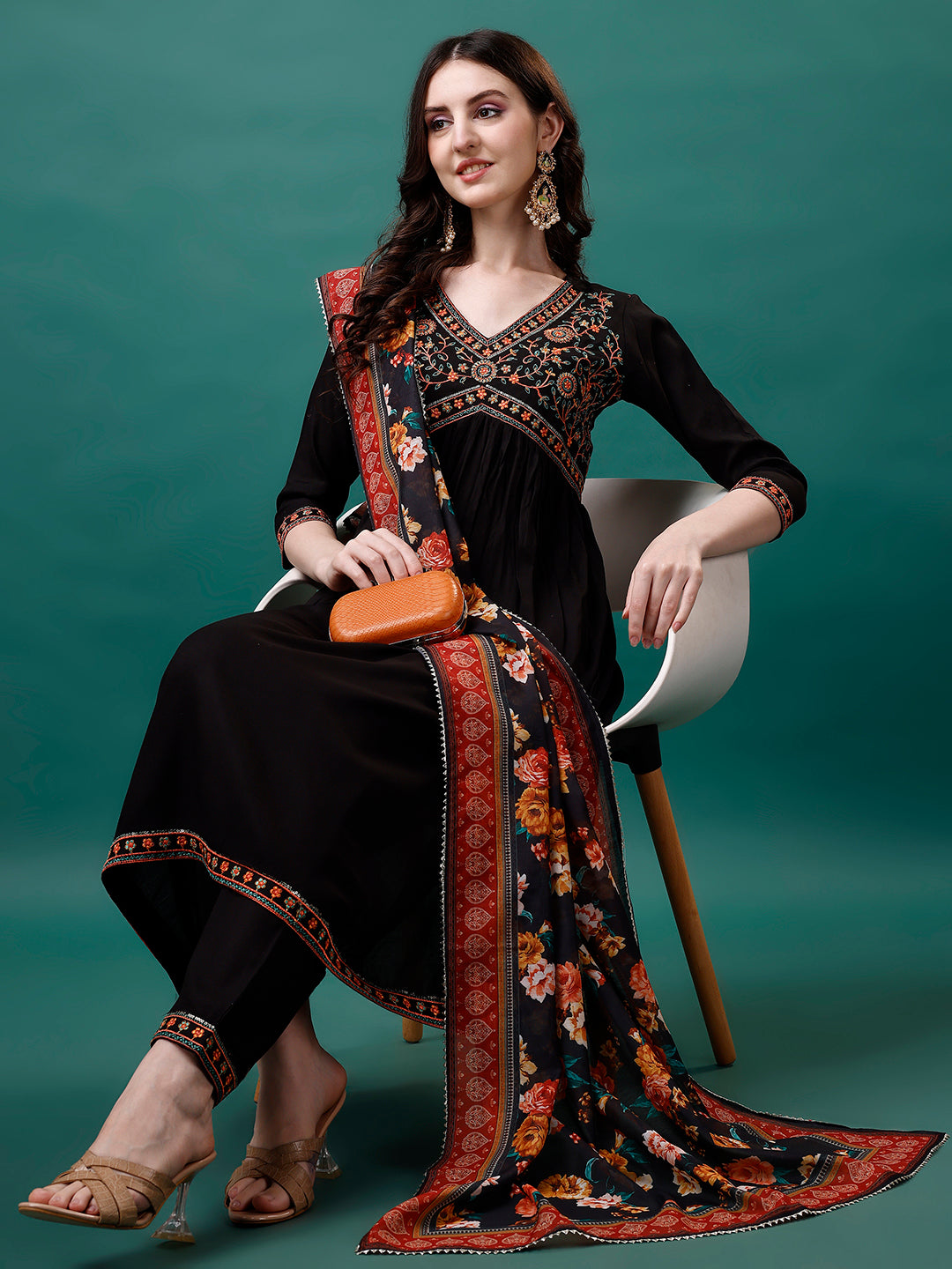 Alia Cut Embroidered Kurta with pant & Printed dupatta