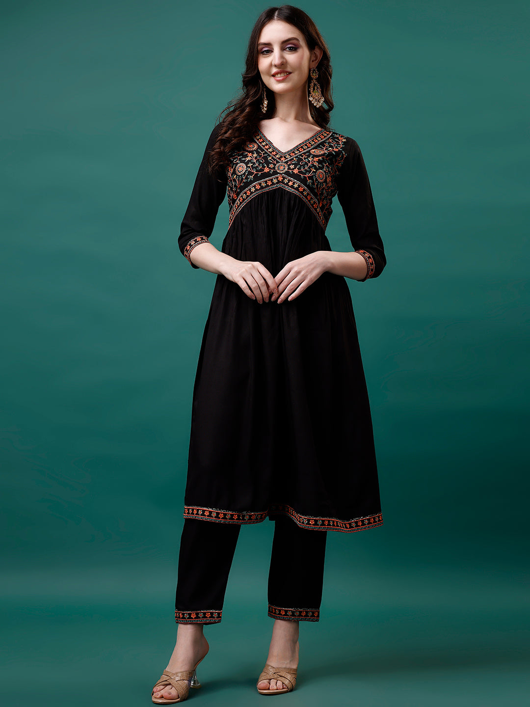 Alia Cut Embroidered Kurta with pant & Printed dupatta