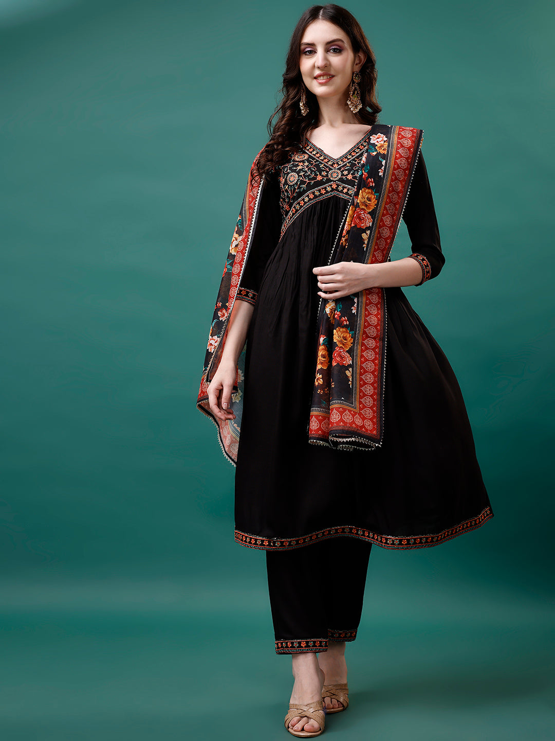 Alia Cut Embroidered Kurta with pant & Printed dupatta