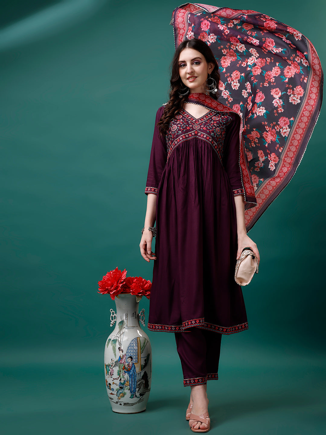 Alia Cut Embroidered Kurta with pant & Printed dupatta