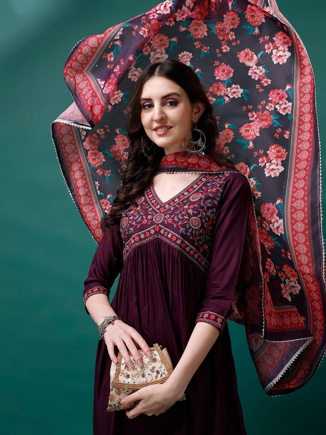 Alia Cut Embroidered Kurta with pant & Printed dupatta