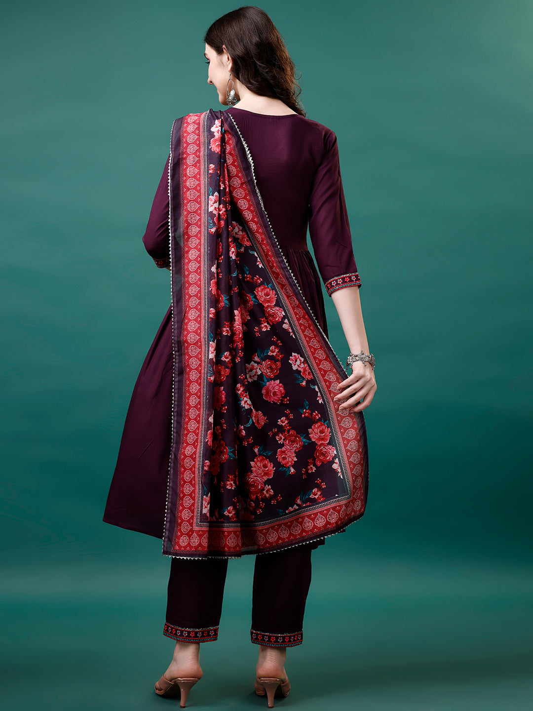 Alia Cut Embroidered Kurta with pant & Printed dupatta