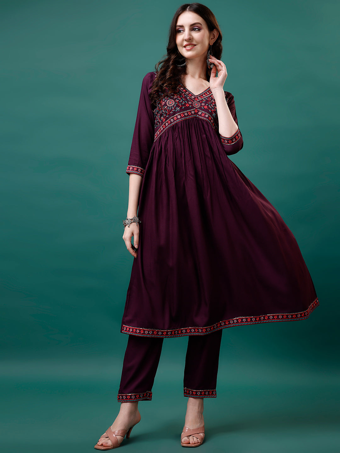 Alia Cut Embroidered Kurta with pant & Printed dupatta