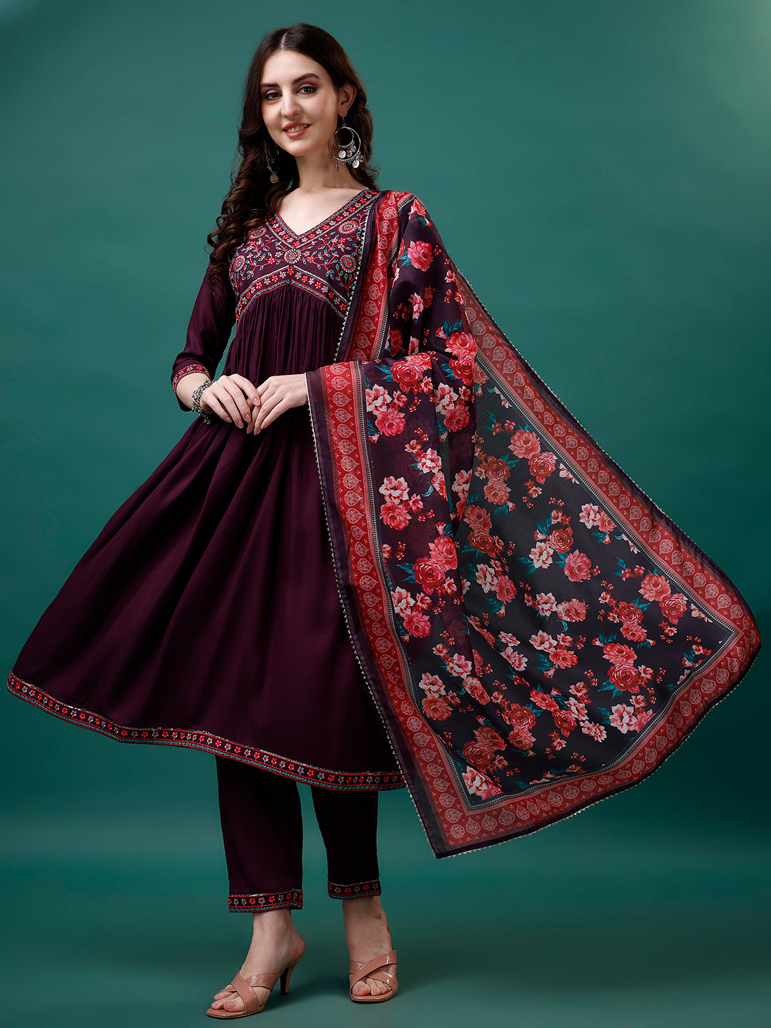 Alia Cut Embroidered Kurta with pant & Printed dupatta