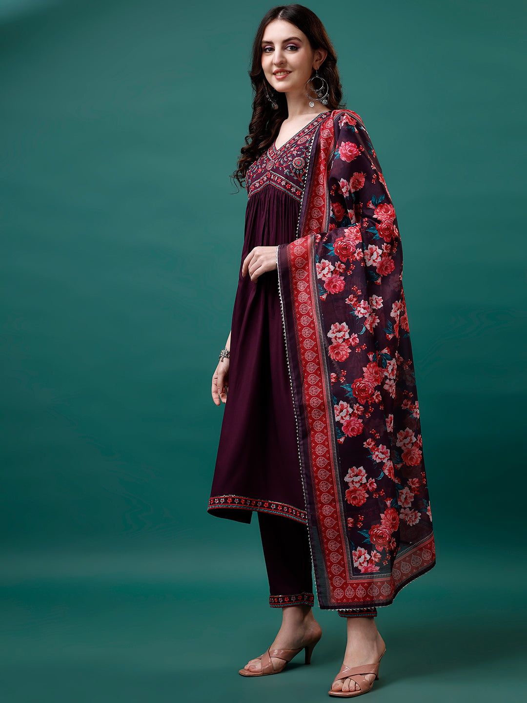 Alia Cut Embroidered Kurta with pant & Printed dupatta