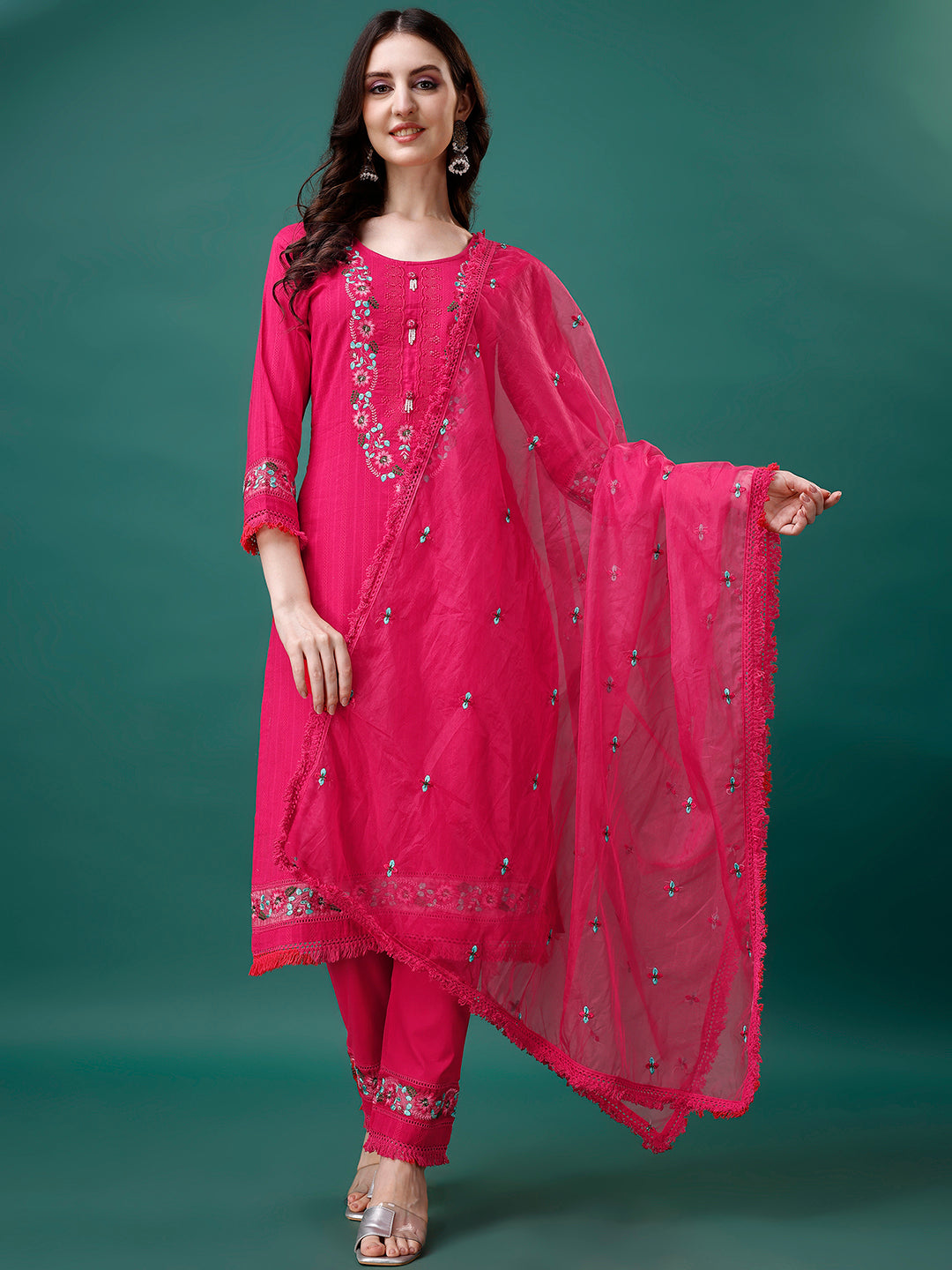 Embroidered Kurta with pant & Embroidered Organza Dupatta