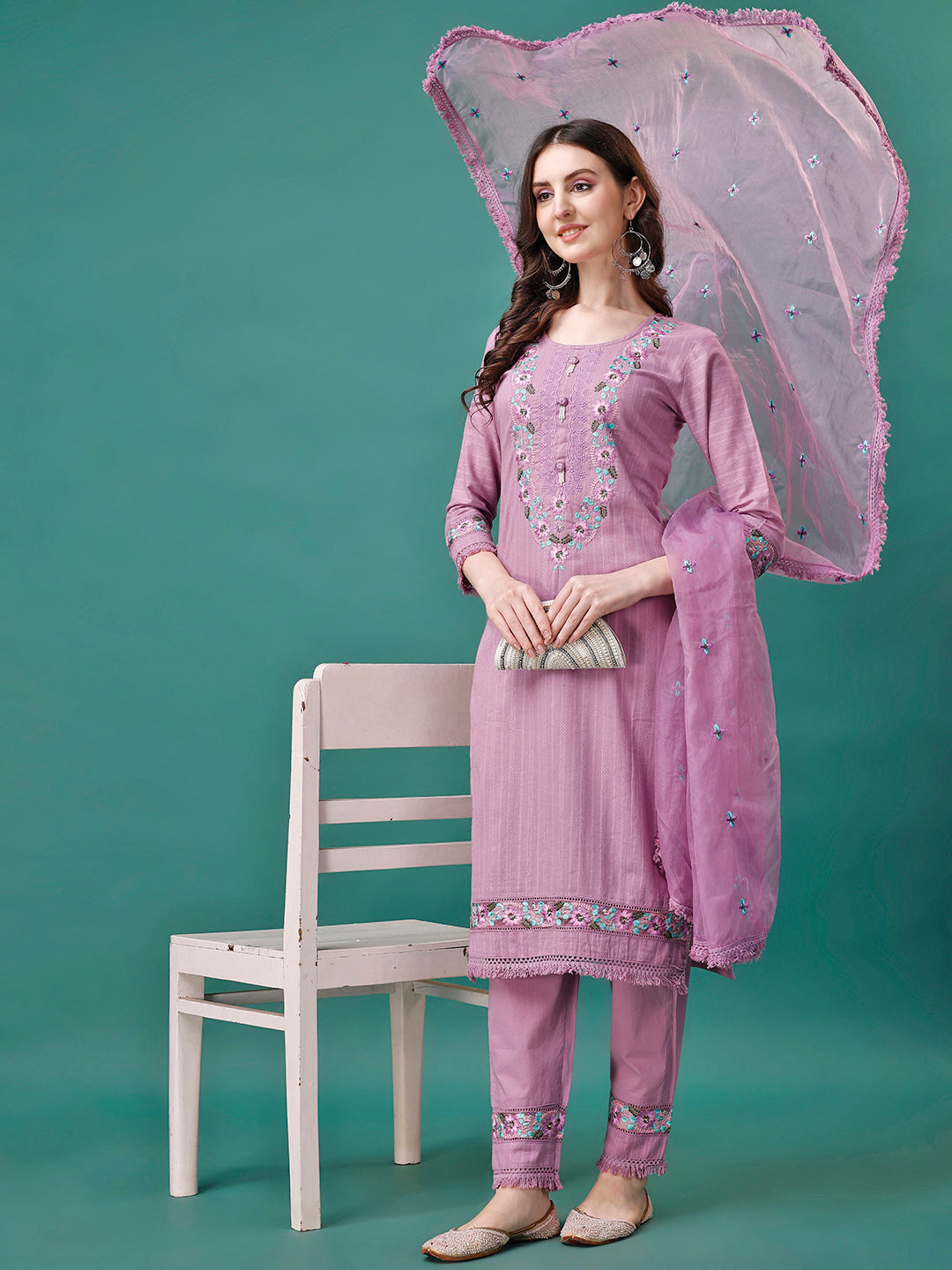 Embroidered Kurta with pant & Embroidered Organza Dupatta