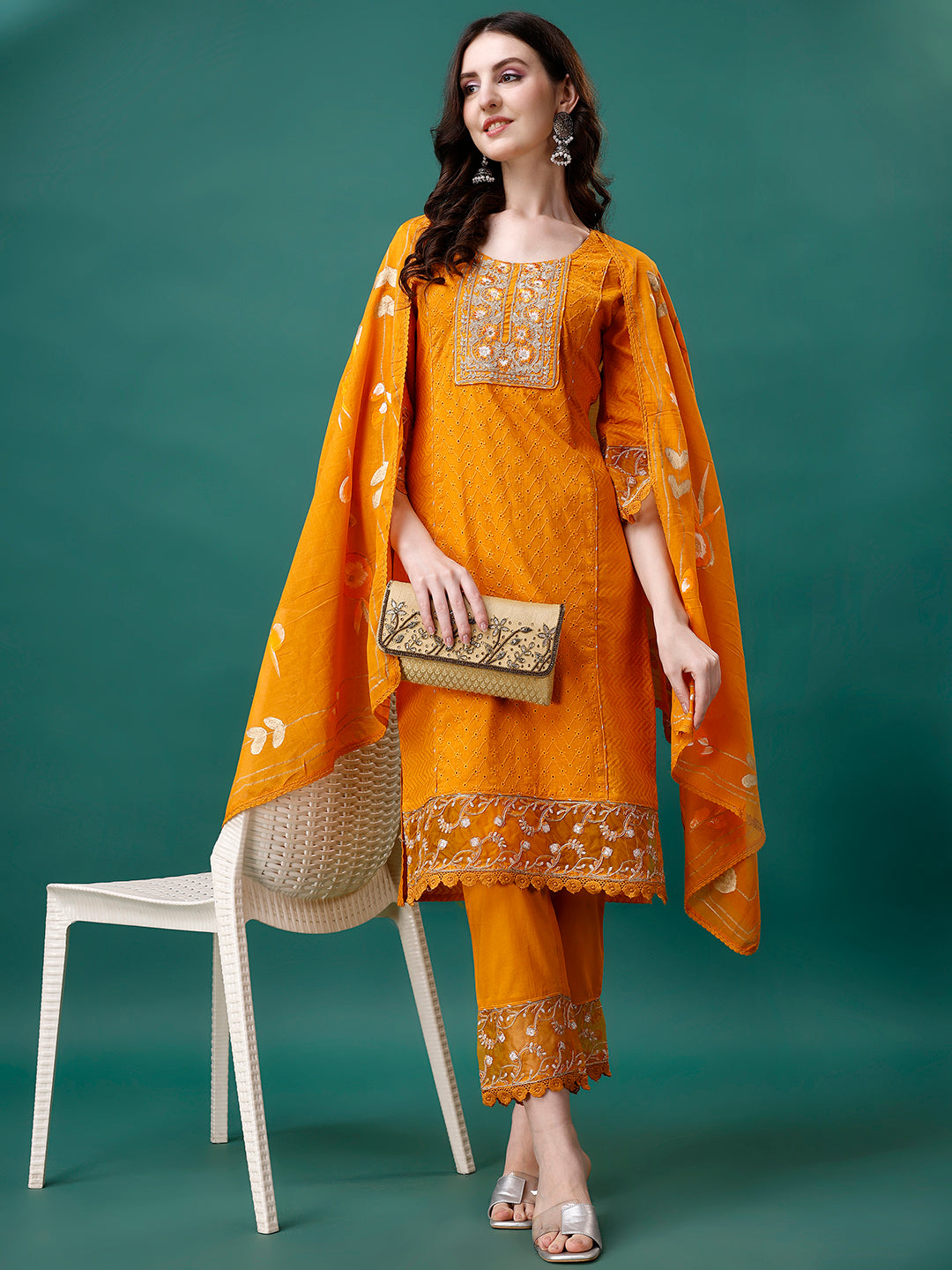 Embroidered Kurta with pant & Embroidered Printed Dupatta