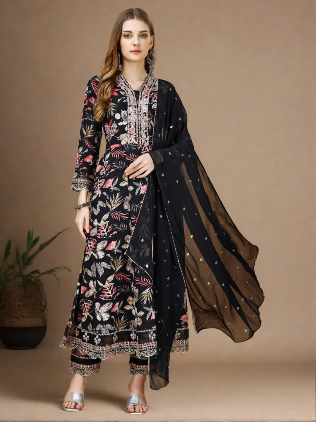 Floral Printed & Embroidered Anarkali Kurta with Embroidered Pant & dupatta Premium Luxury