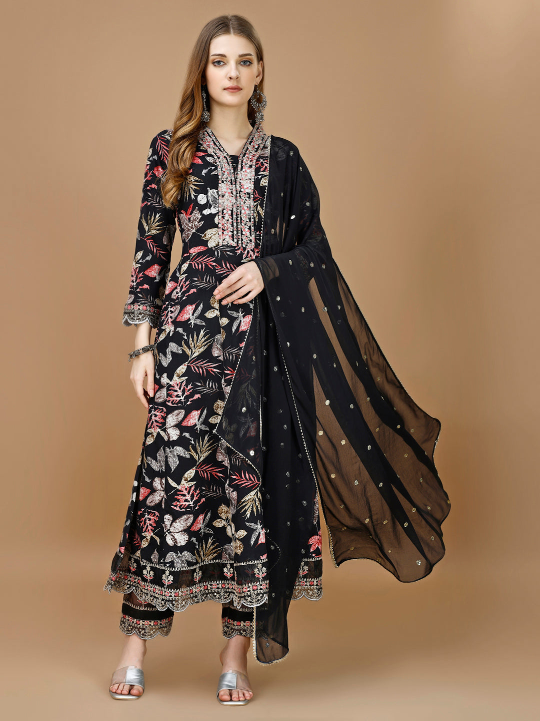 Floral Printed & Embroidered Anarkali Kurta with Embroidered Pant & dupatta Premium Luxury