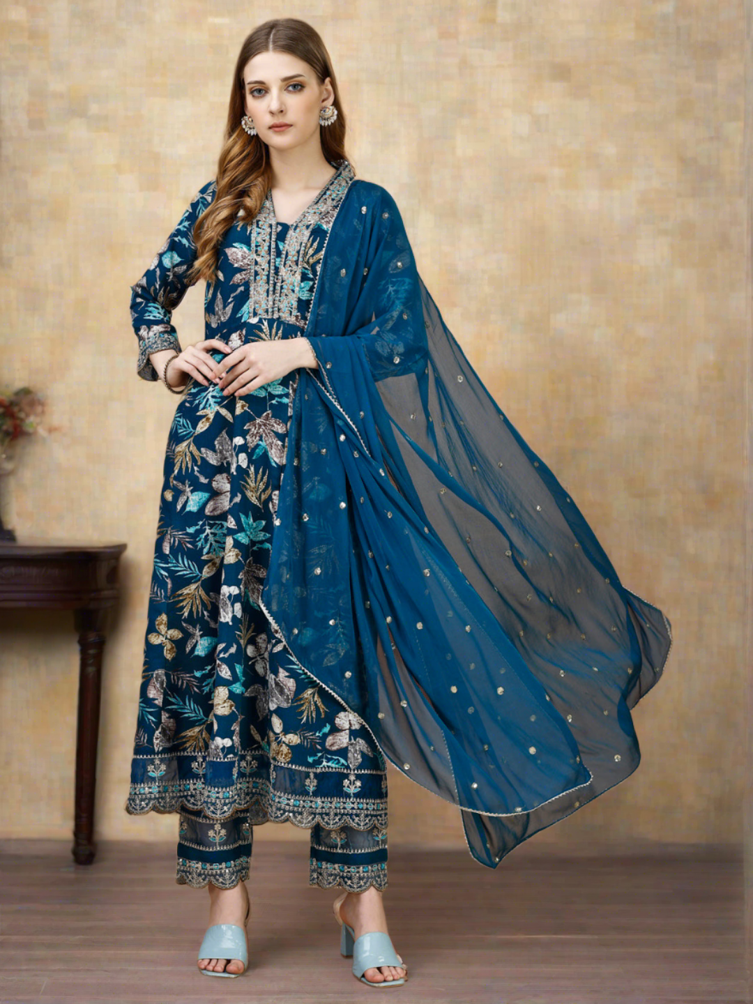 Floral Printed & Embroidered Anarkali Kurta with Embroidered Pant & dupatta Premium Luxury