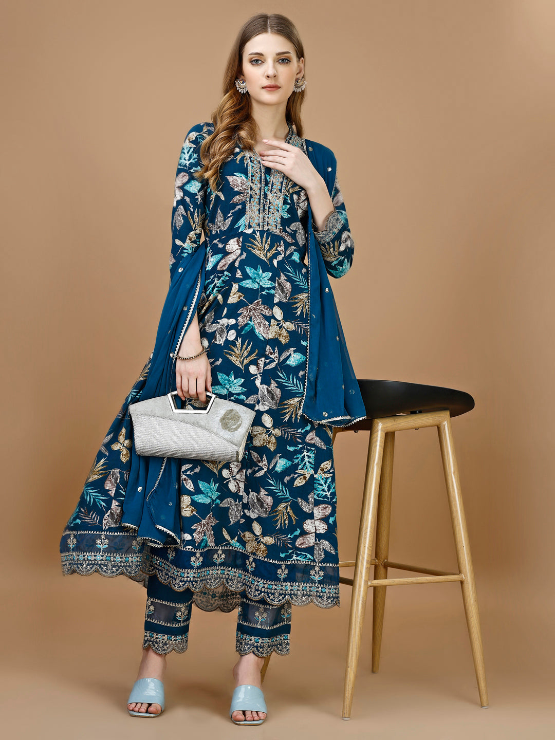 Floral Printed & Embroidered Anarkali Kurta with Embroidered Pant & dupatta Premium Luxury