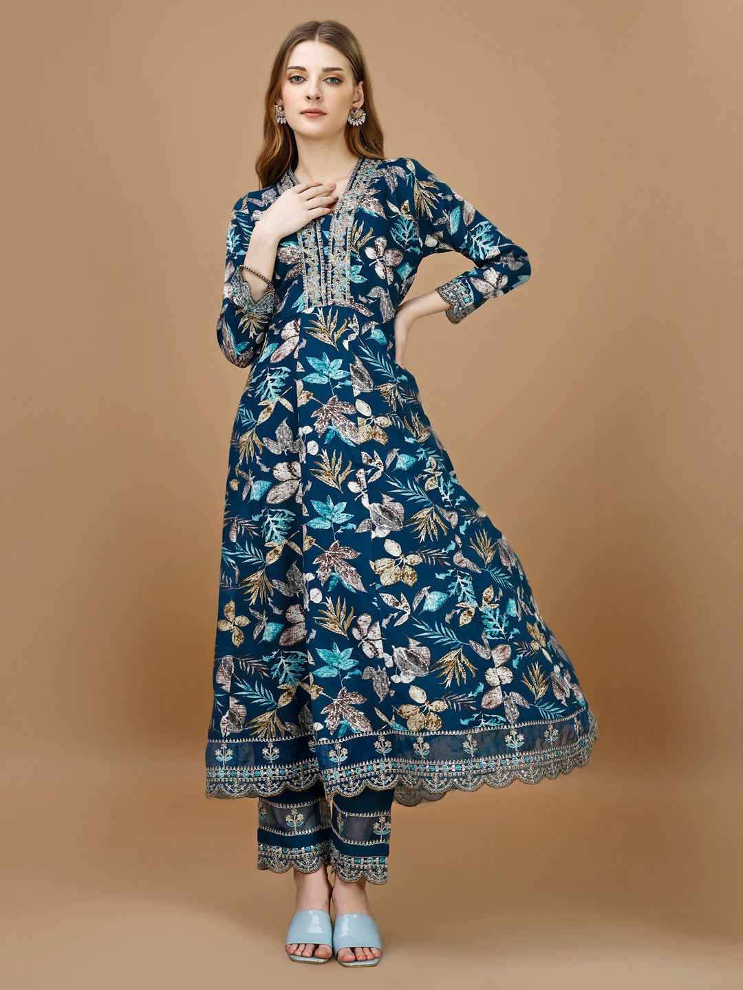 Floral Printed & Embroidered Anarkali Kurta with Embroidered Pant & dupatta Premium Luxury