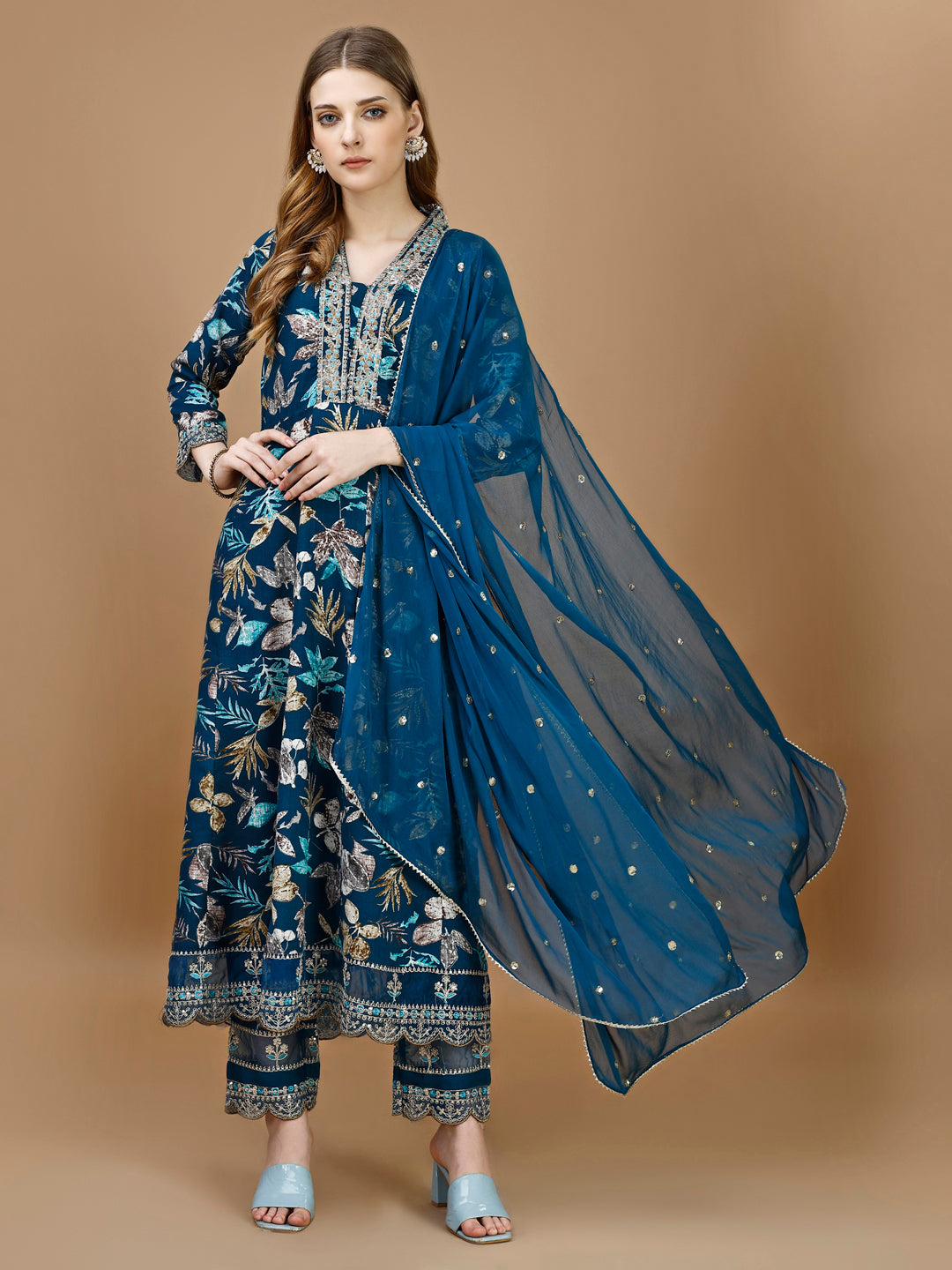 Floral Printed & Embroidered Anarkali Kurta with Embroidered Pant & dupatta Premium Luxury