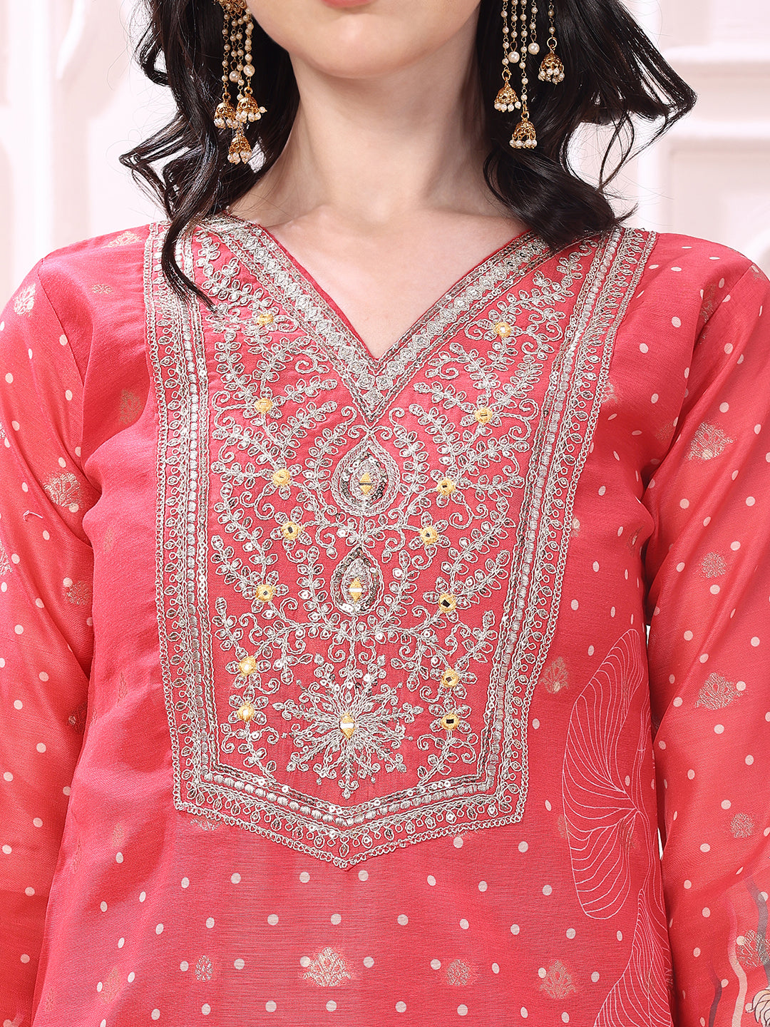 Sequinned & Thread Embroidered Kurta with Pant & Embroidered Dupatta