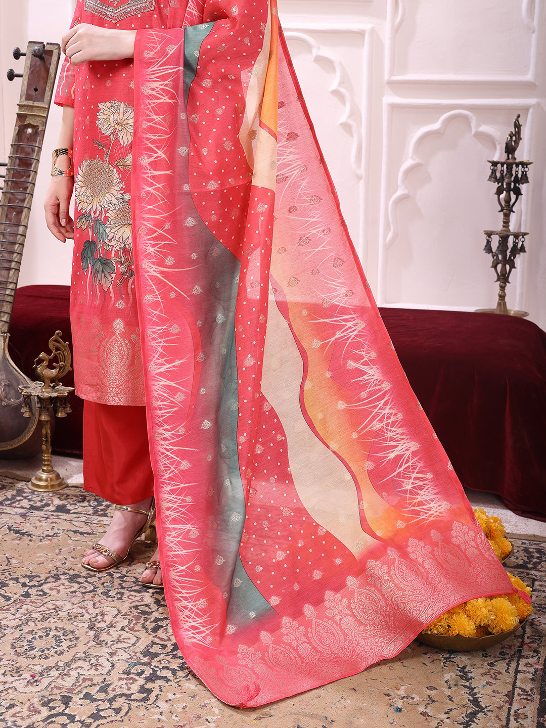 Sequinned & Thread Embroidered Kurta with Pant & Embroidered Dupatta