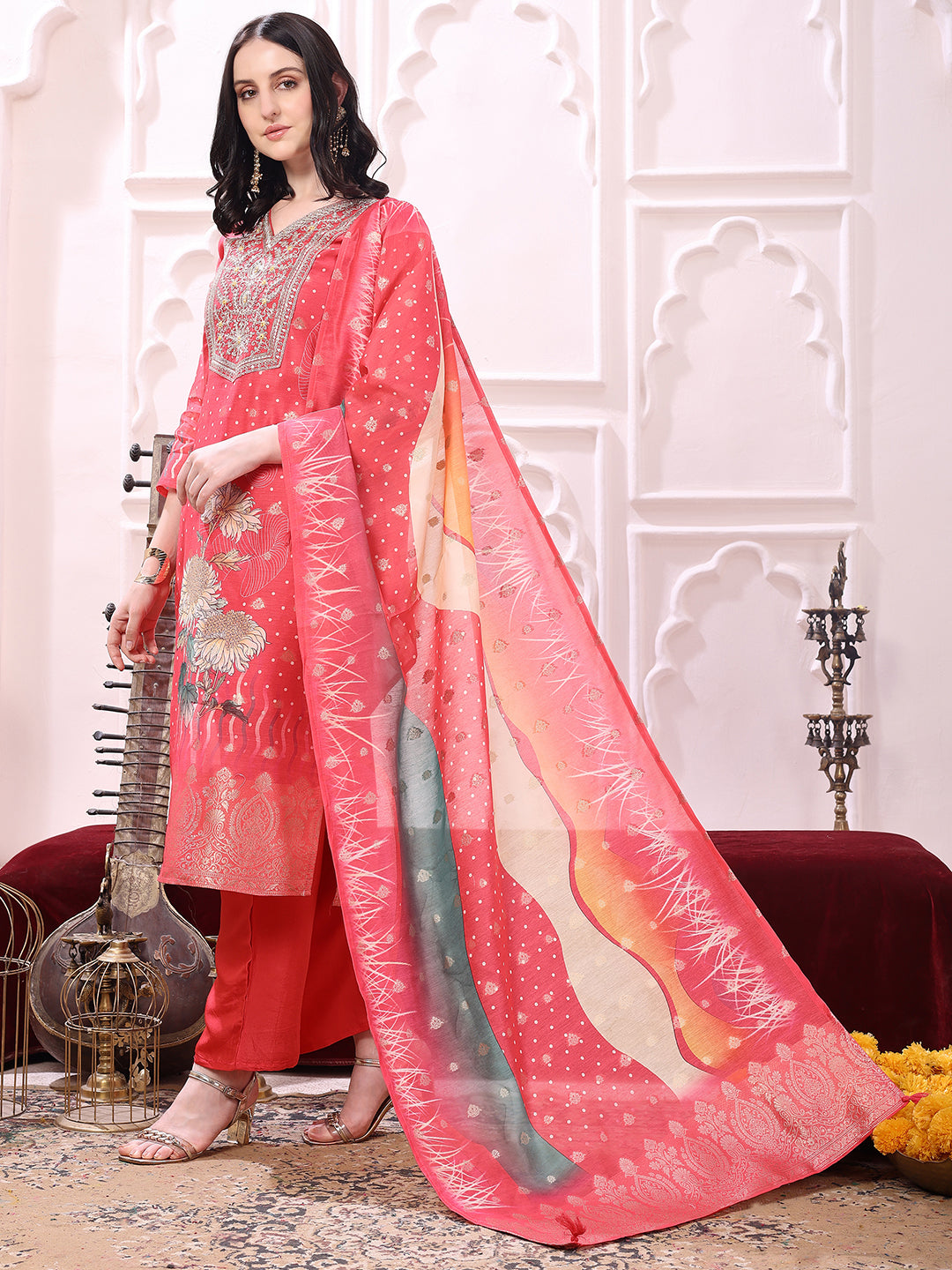 Sequinned & Thread Embroidered Kurta with Pant & Embroidered Dupatta