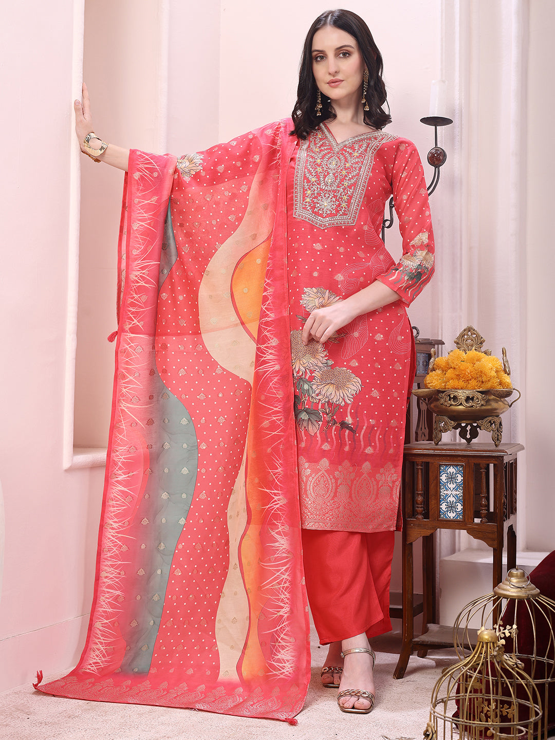 Sequinned & Thread Embroidered Kurta with Pant & Embroidered Dupatta