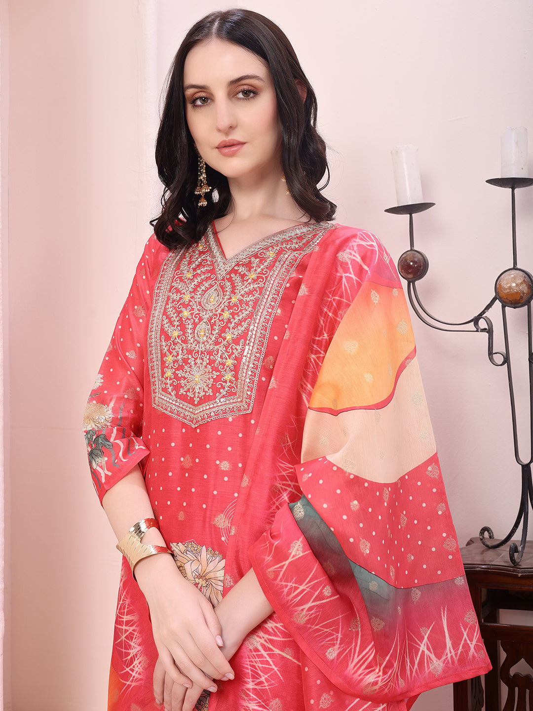 Sequinned & Thread Embroidered Kurta with Pant & Embroidered Dupatta