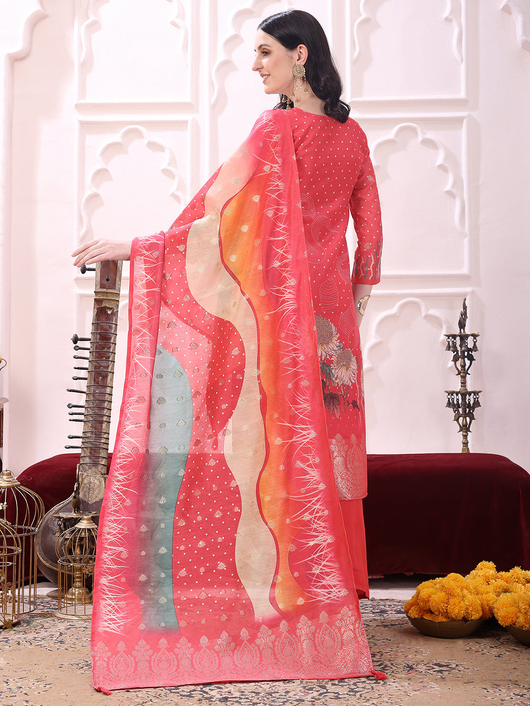 Sequinned & Thread Embroidered Kurta with Pant & Embroidered Dupatta