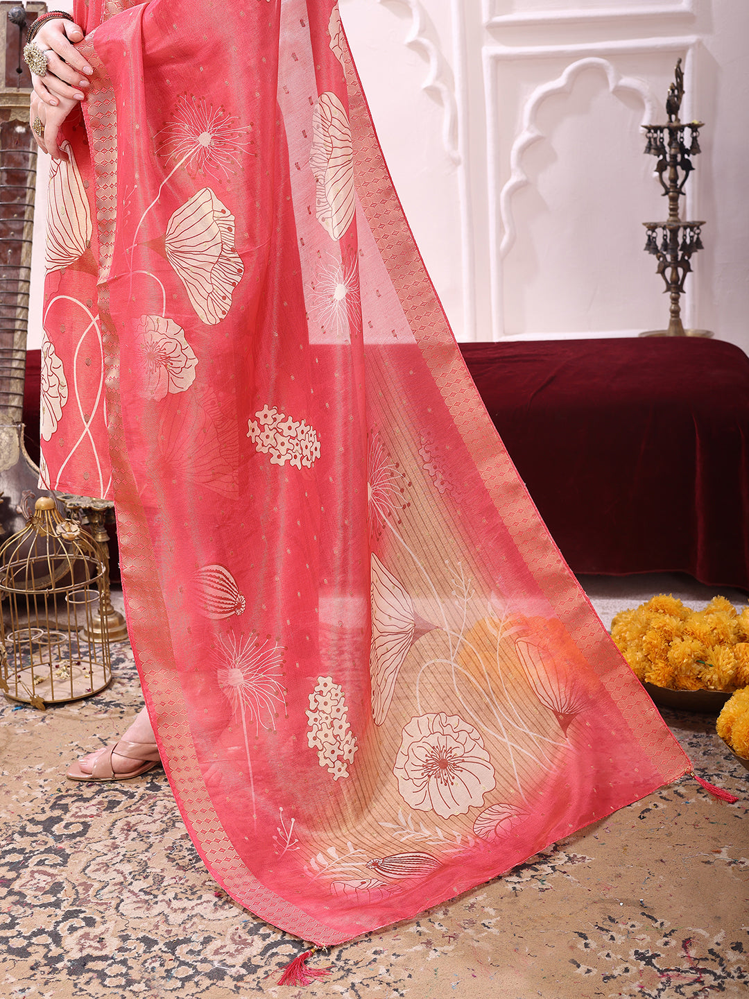 Embroidered Yoke & Floral Printed Kurta with coordinated Dupatta and Pant set