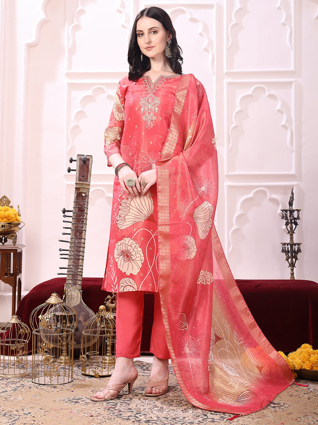 Embroidered Yoke & Floral Printed Kurta with coordinated Dupatta and Pant set