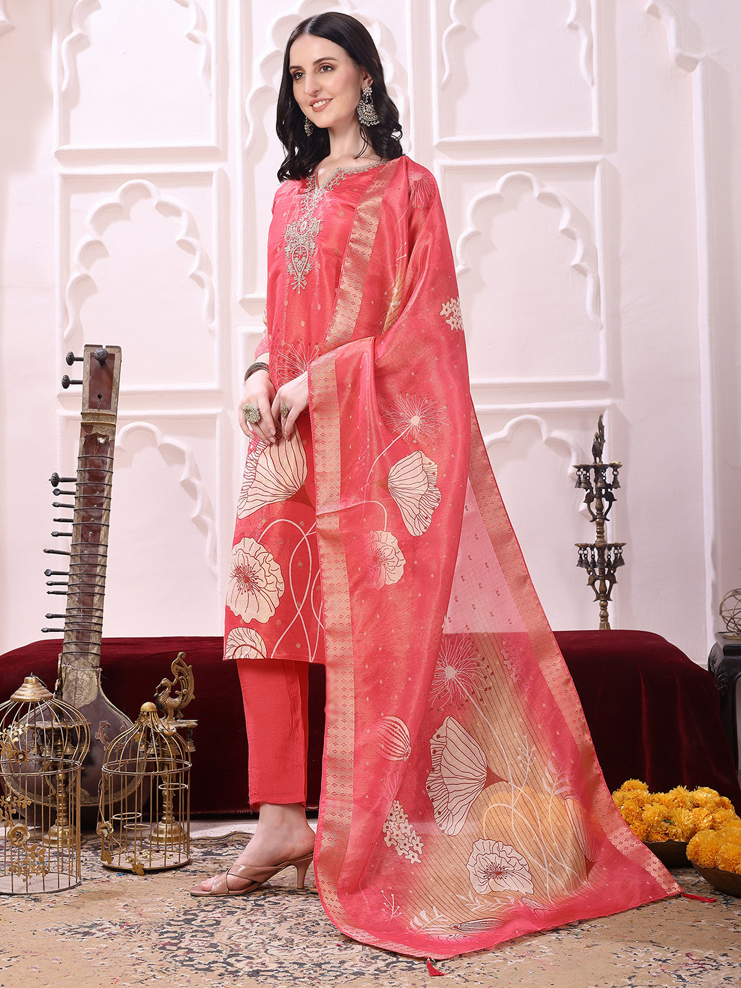 Embroidered Yoke & Floral Printed Kurta with coordinated Dupatta and Pant set