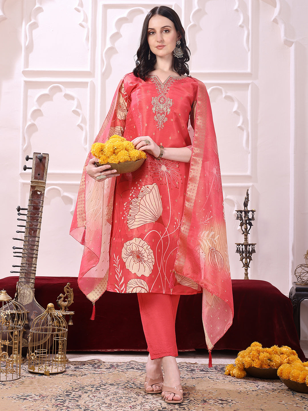 Embroidered Yoke & Floral Printed Kurta with coordinated Dupatta and Pant set