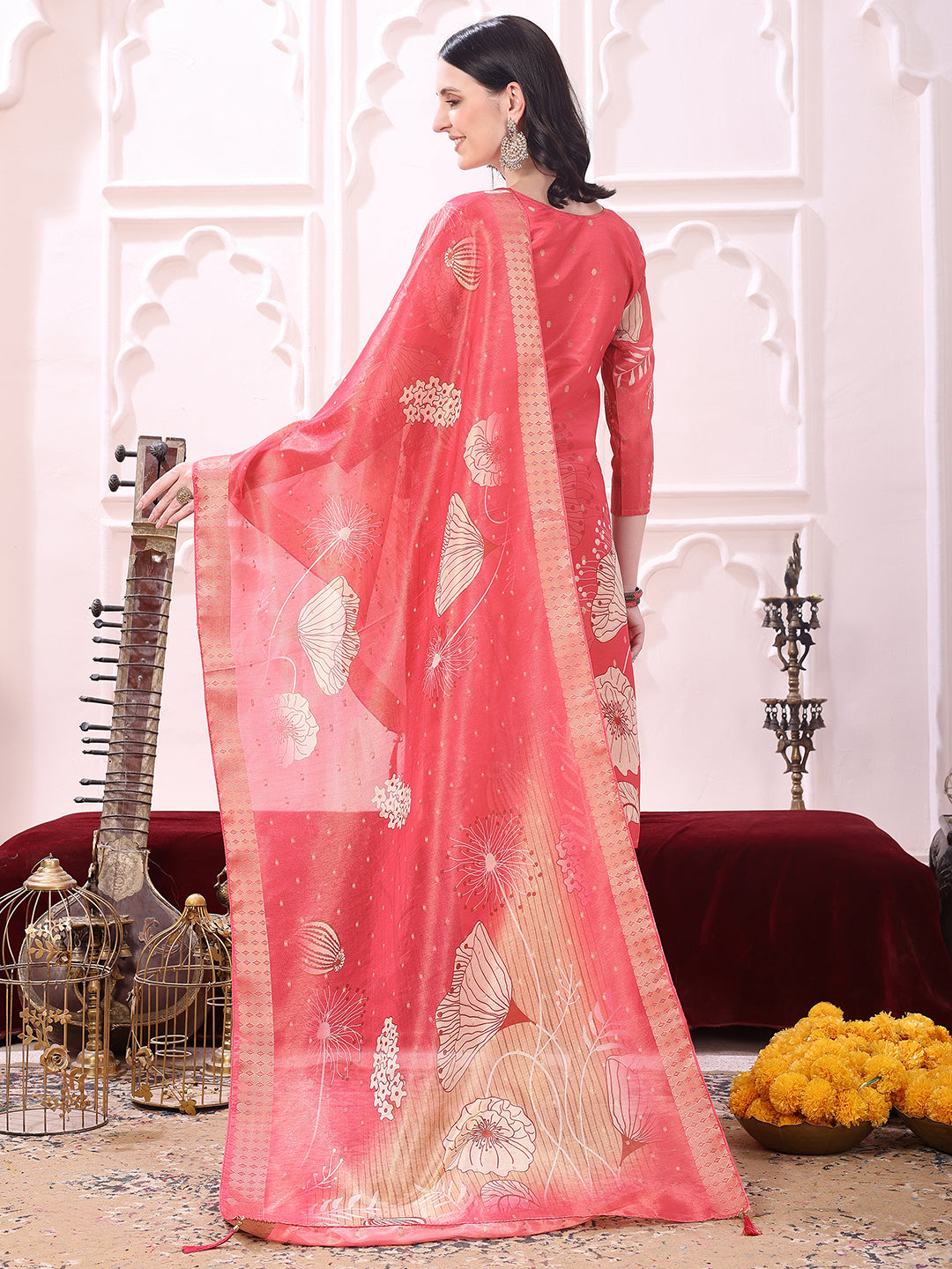 Embroidered Yoke & Floral Printed Kurta with coordinated Dupatta and Pant set