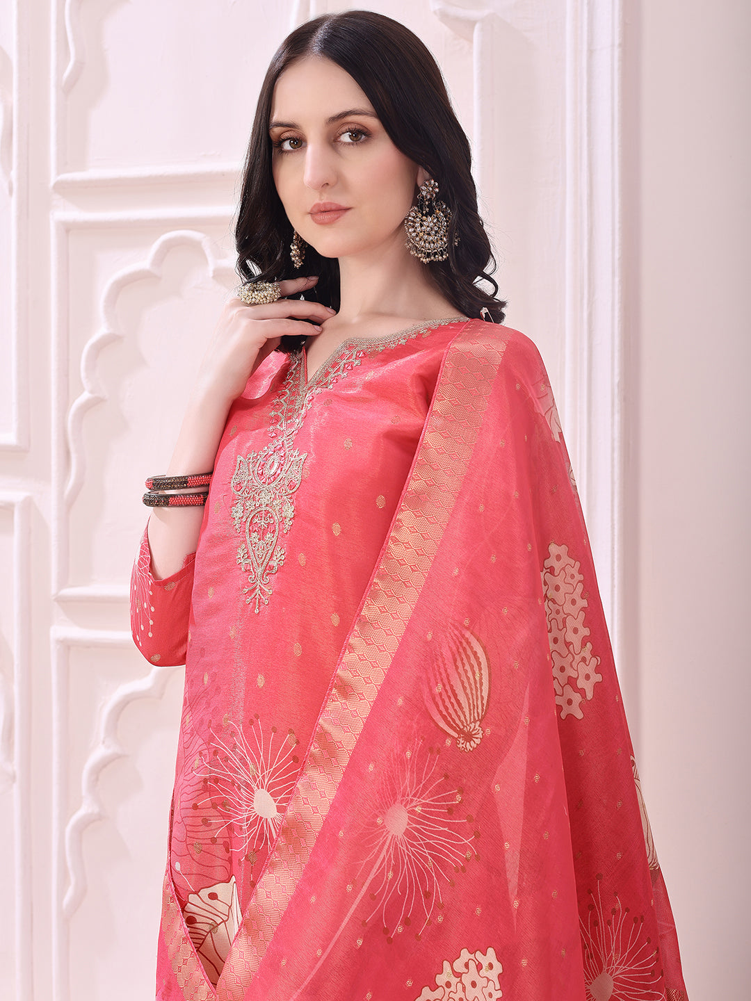 Embroidered Yoke & Floral Printed Kurta with coordinated Dupatta and Pant set