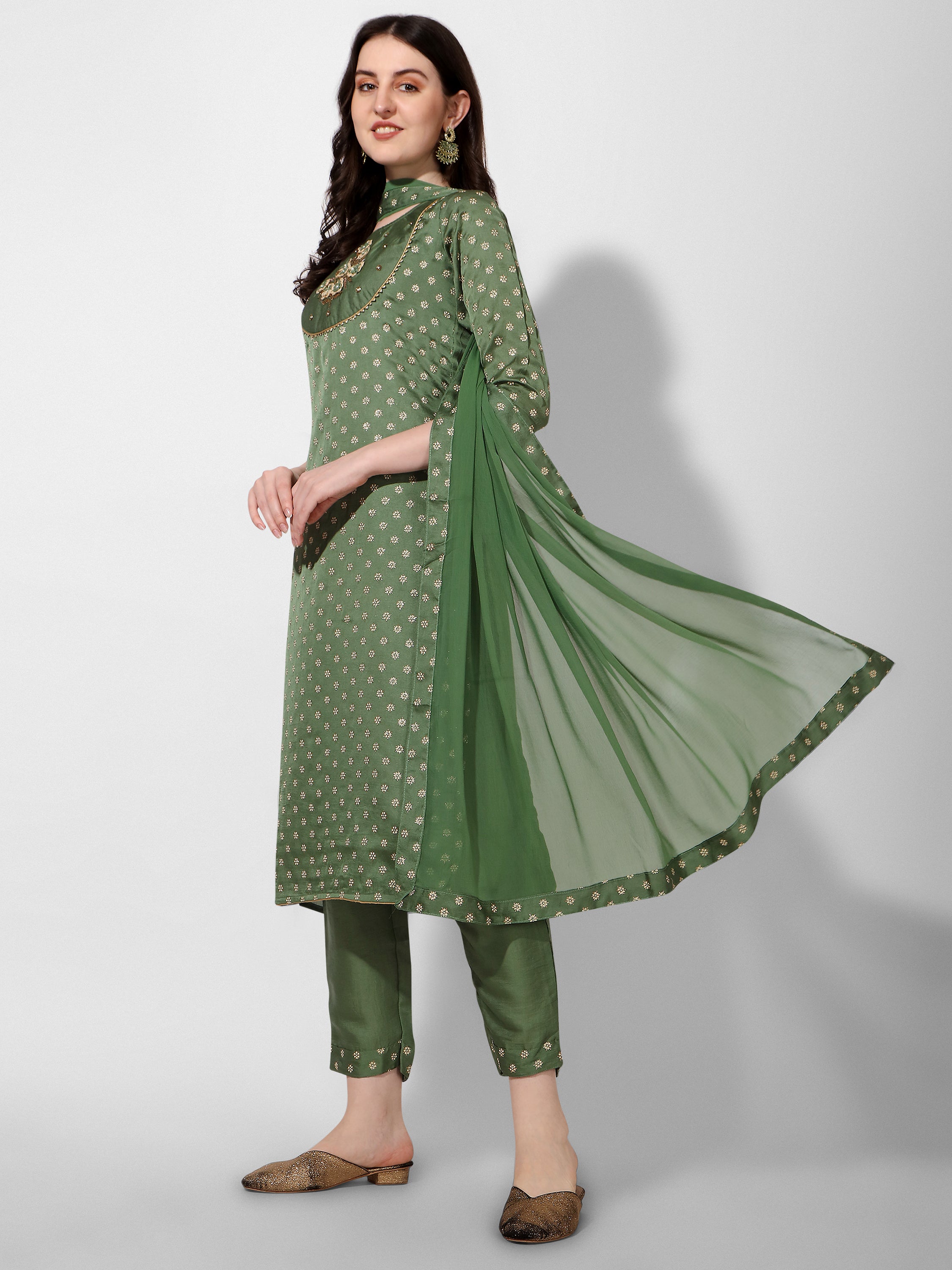 Embroidered Silk Kurta with Pant and Dupatta Set