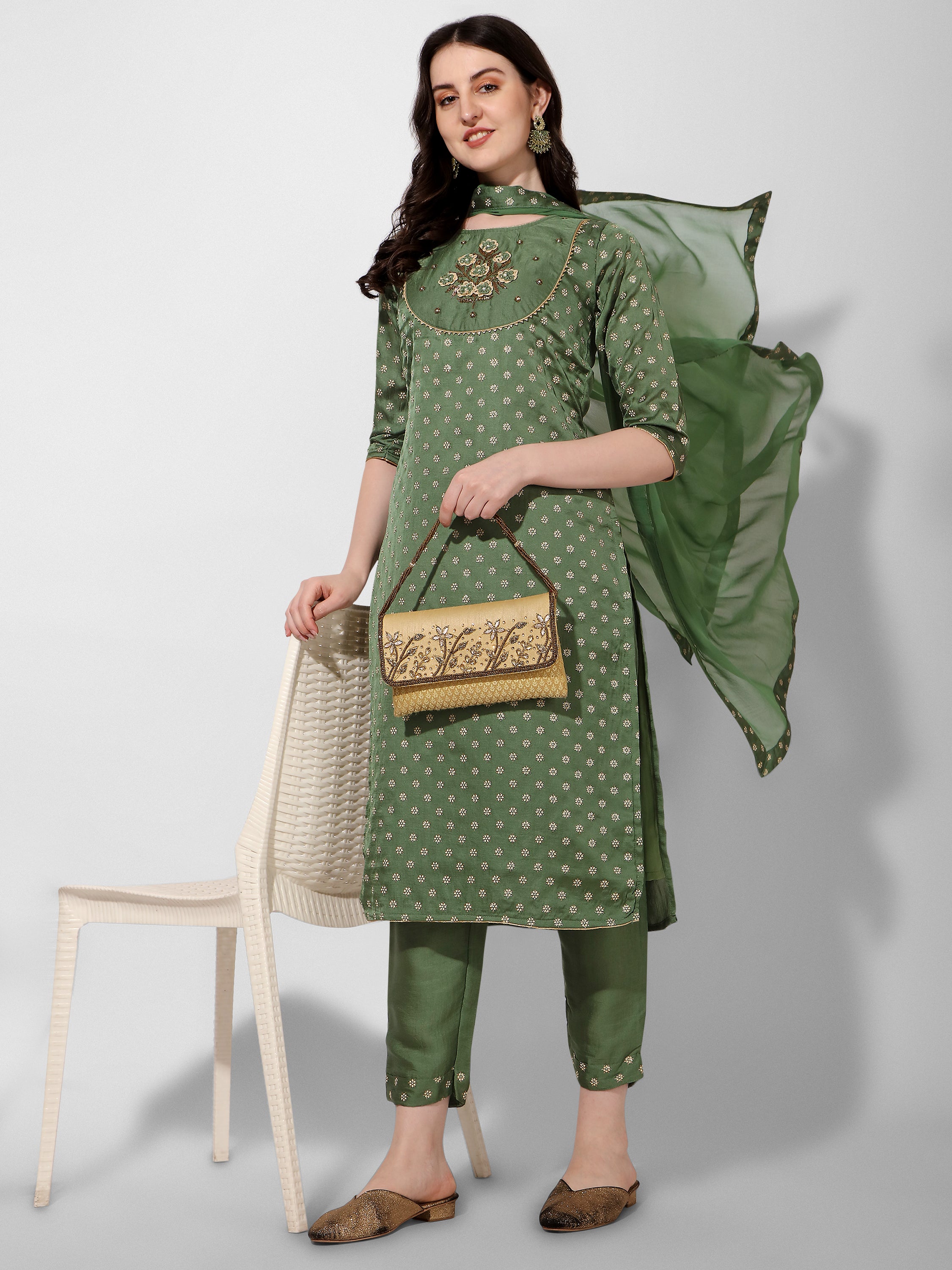 Embroidered Silk Kurta with Pant and Dupatta Set