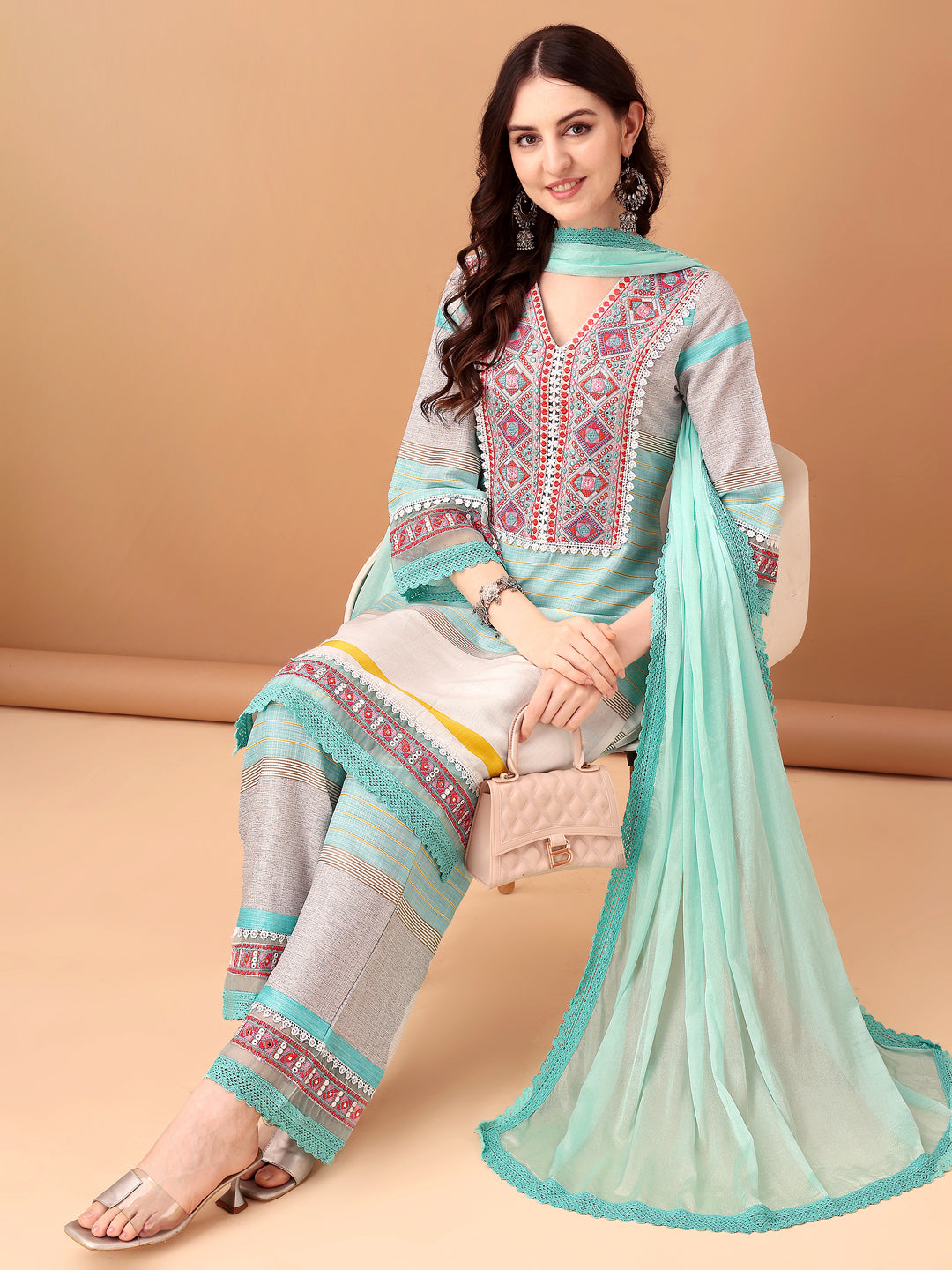 Embroidered & Printed Kurta with Pant & Dupatta Premium