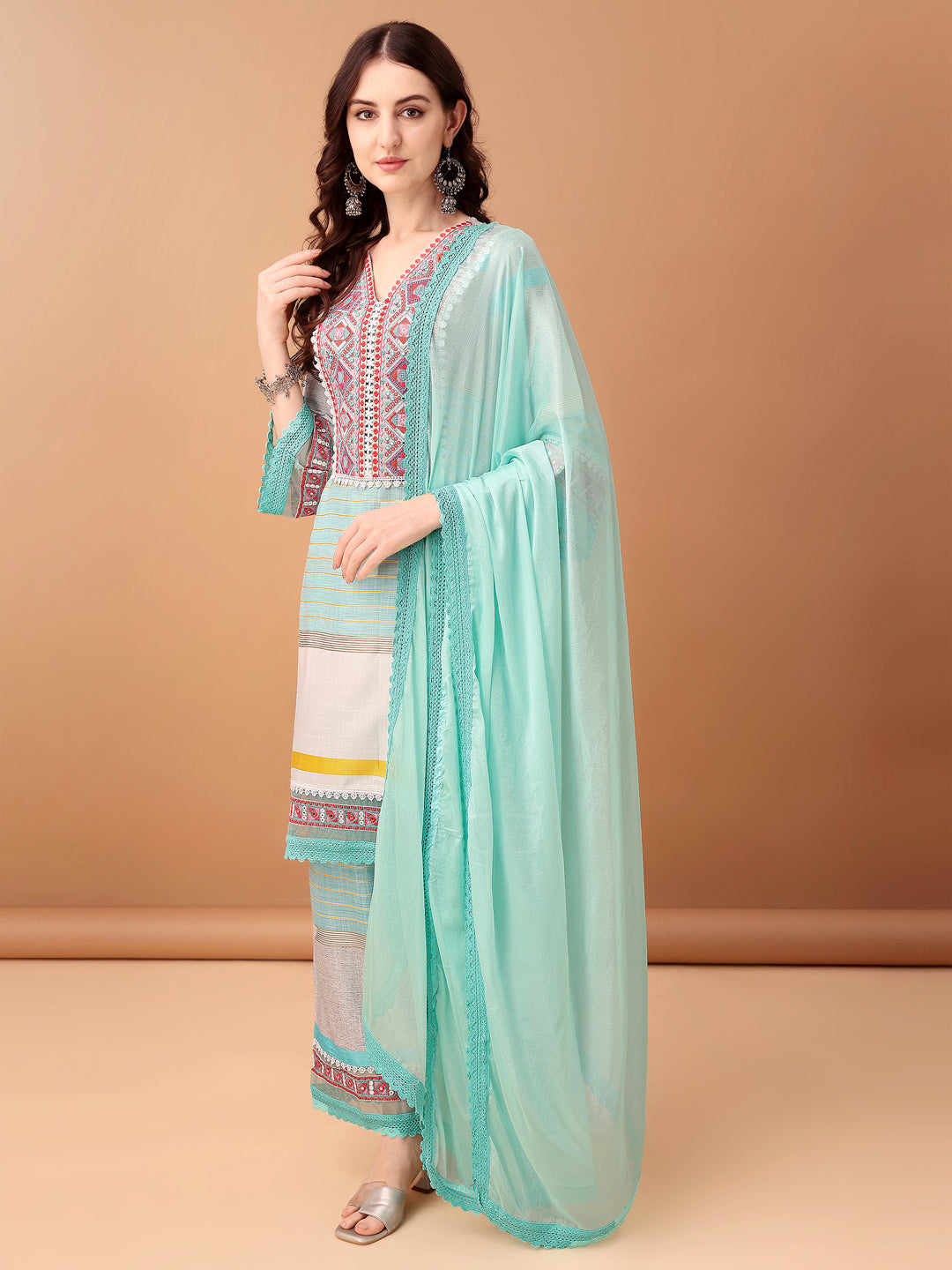 Embroidered & Printed Kurta with Pant & Dupatta Premium