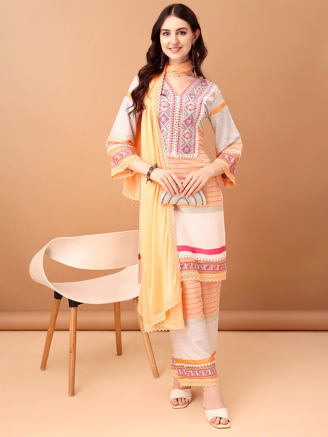 Embroidered & Printed Kurta with Pant & Dupatta Premium