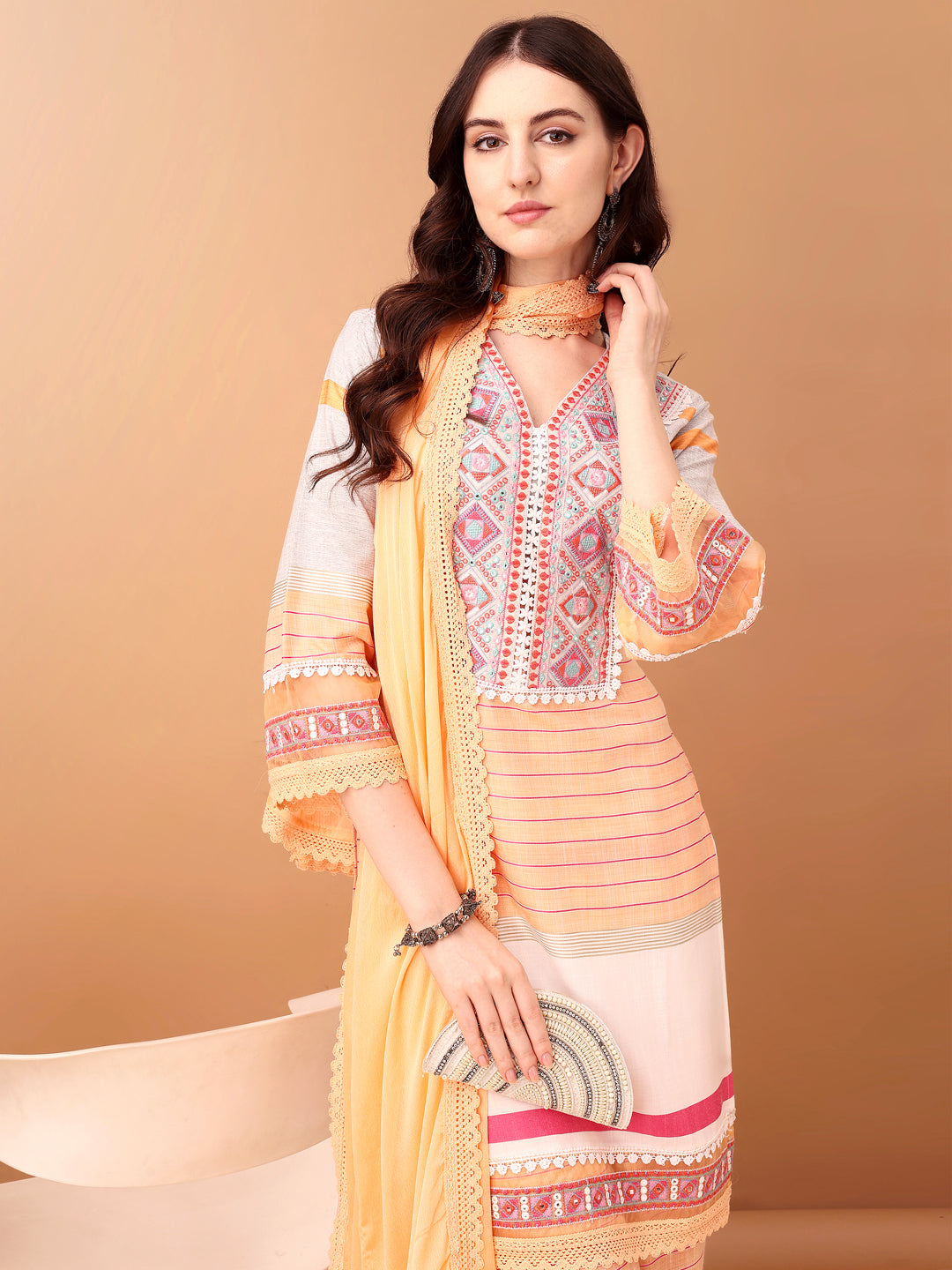 Embroidered & Printed Kurta with Pant & Dupatta Premium