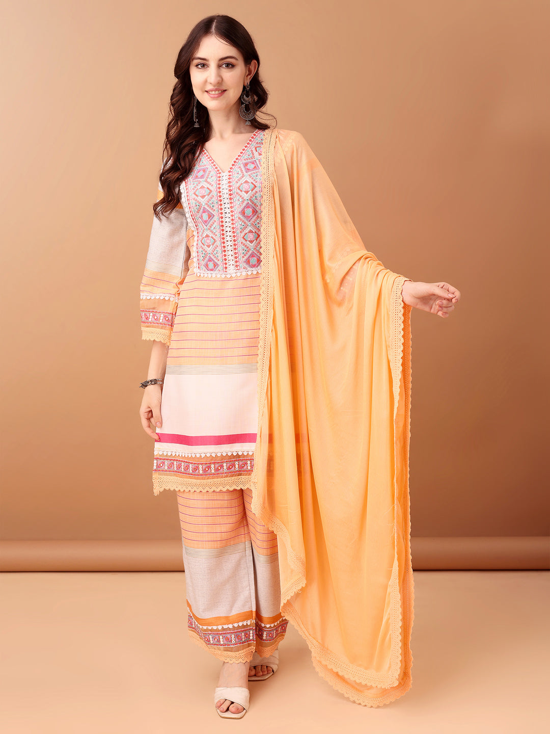 Embroidered & Printed Kurta with Pant & Dupatta Premium