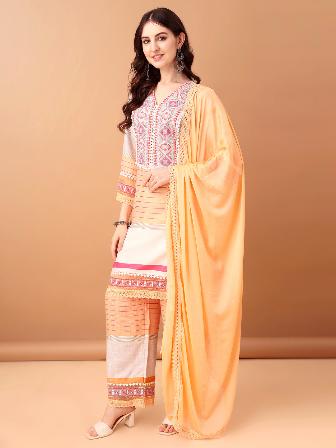 Embroidered & Printed Kurta with Pant & Dupatta Premium