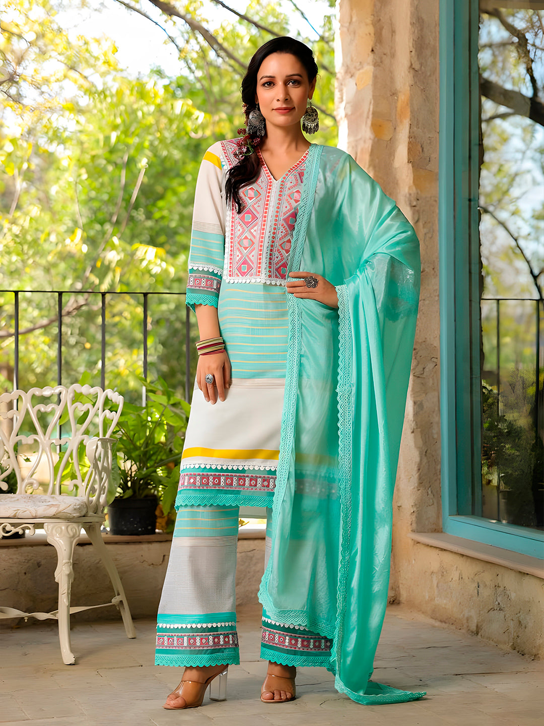 Embroidered & Printed Kurta with Pant & Dupatta Premium