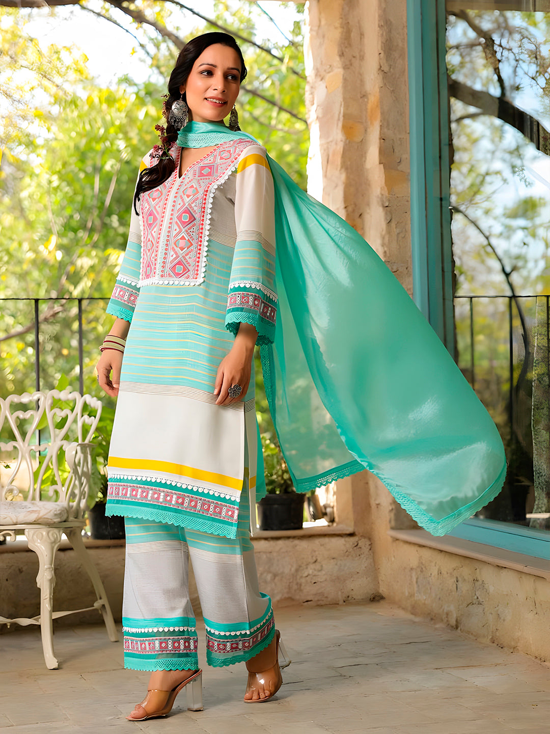 Embroidered & Printed Kurta with Pant & Dupatta Premium