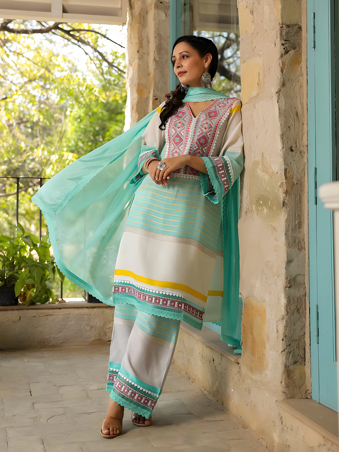 Embroidered & Printed Kurta with Pant & Dupatta Premium