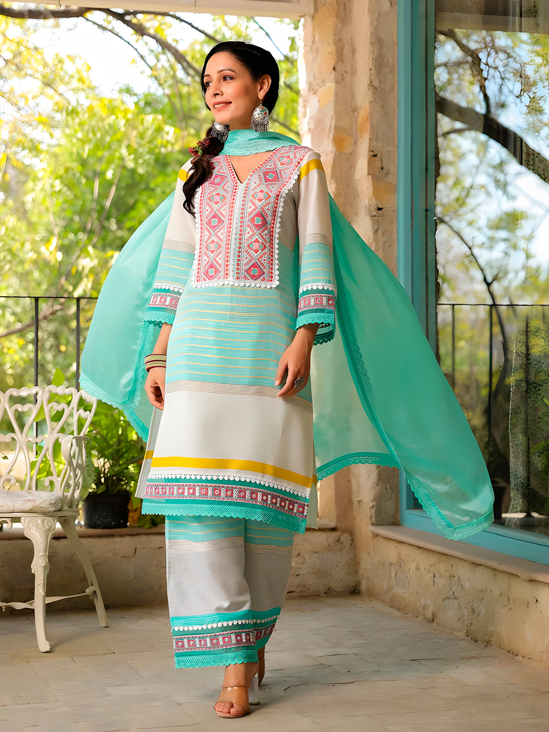 Embroidered & Printed Kurta with Pant & Dupatta Premium