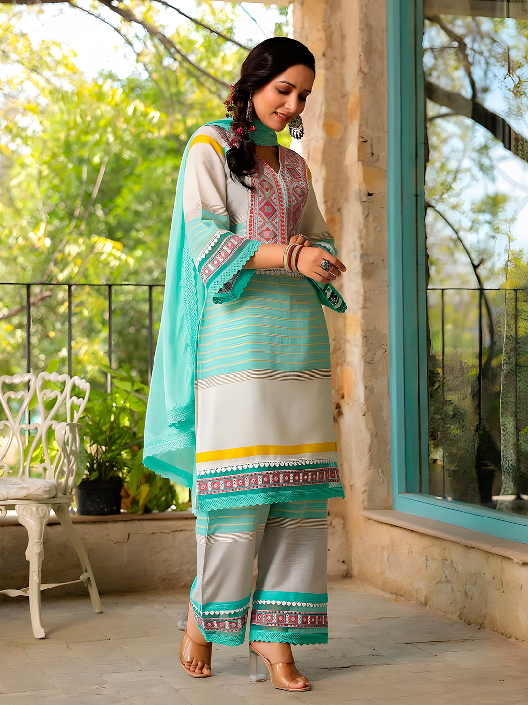 Embroidered & Printed Kurta with Pant & Dupatta Premium