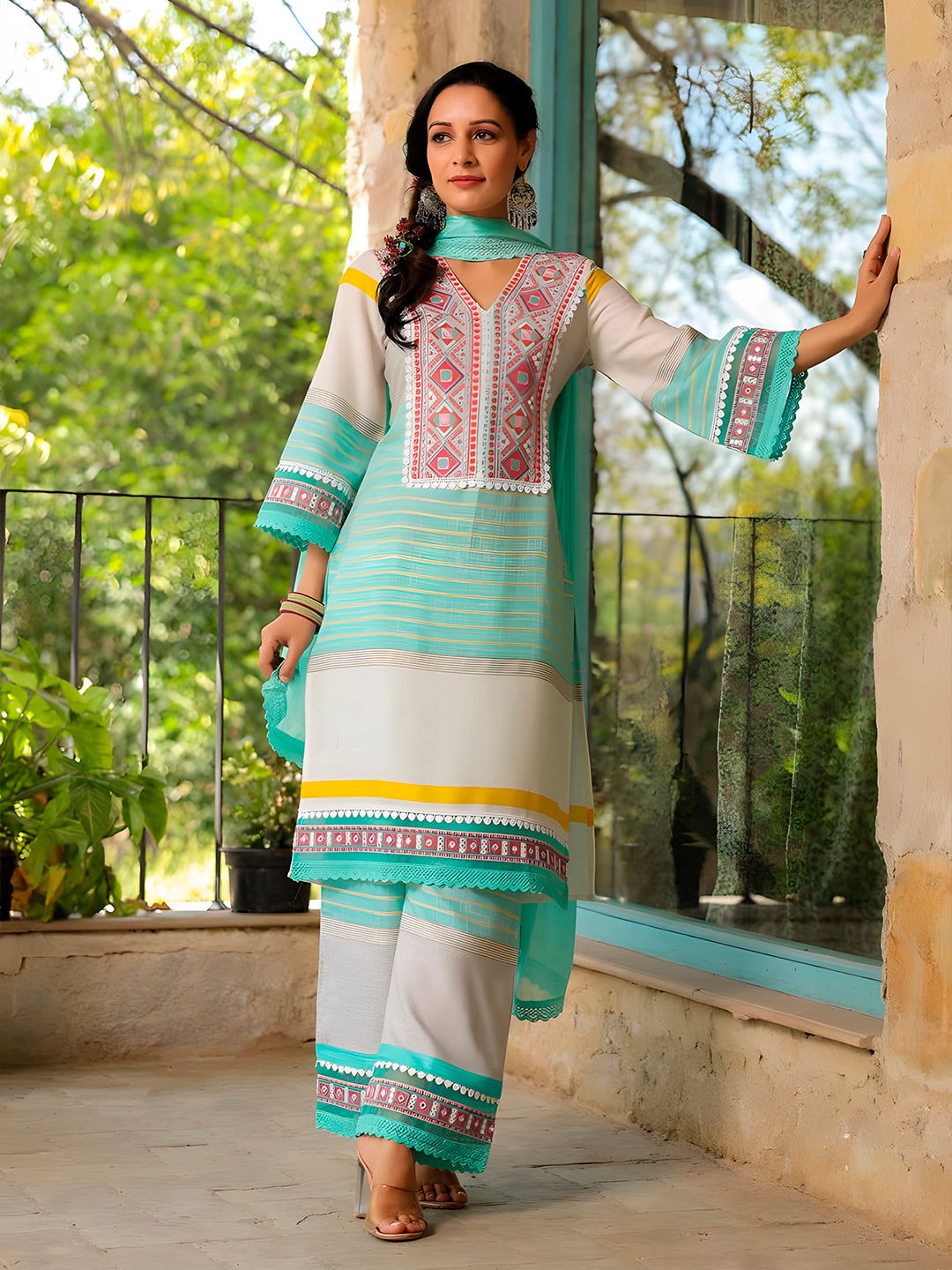 Embroidered & Printed Kurta with Pant & Dupatta Premium