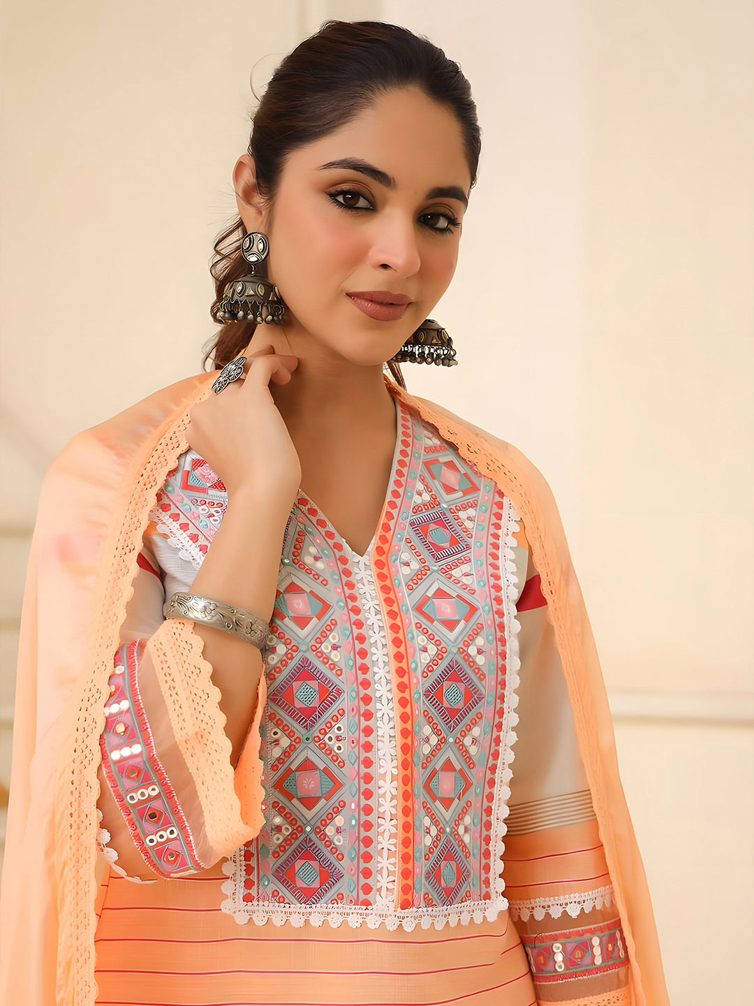 Embroidered & Printed Kurta with Pant & Dupatta Premium