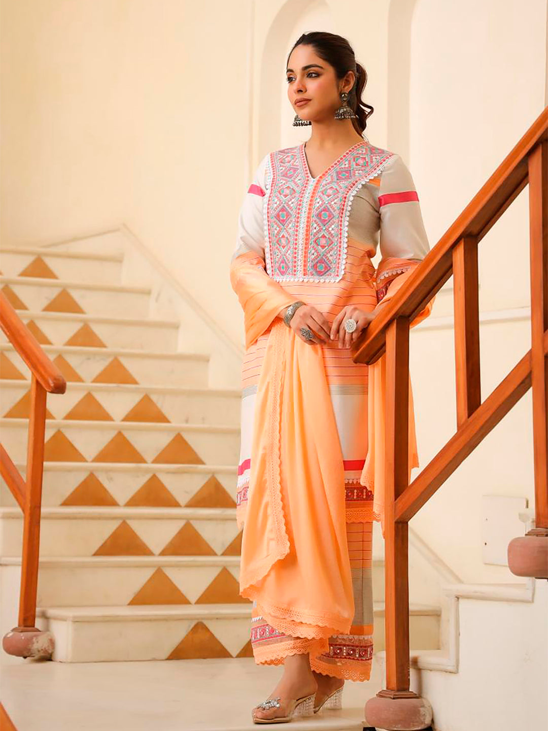 Embroidered & Printed Kurta with Pant & Dupatta Premium