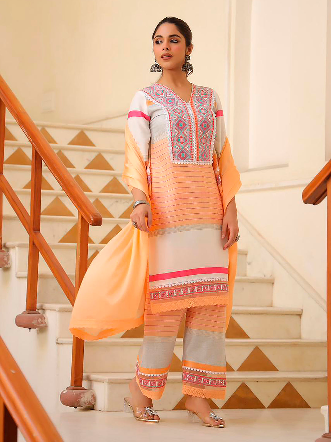 Embroidered & Printed Kurta with Pant & Dupatta Premium