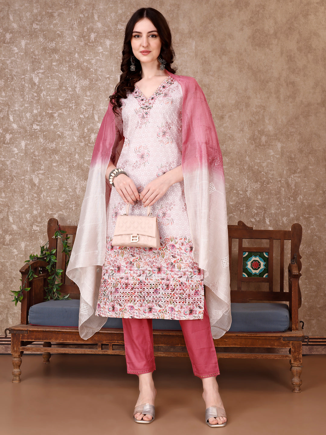 Hand Embroidered & Floral Printed Kurta with pant & dupatta Luxury