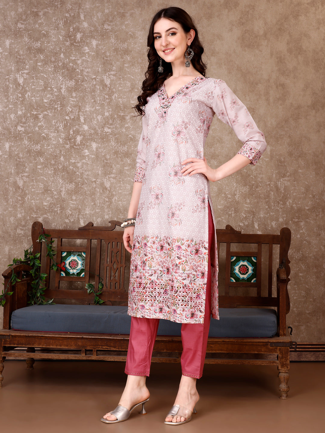 Hand Embroidered & Floral Printed Kurta with pant & dupatta Luxury